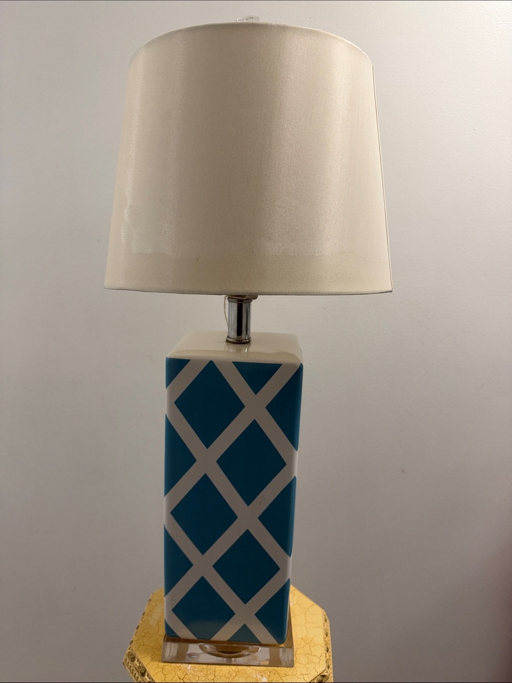Ceramic Blue and White Geometric Table Lamp with Cream Shade